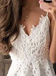 White Spaghetti Strap V Neck Lace Hollow Out Dress With Zip