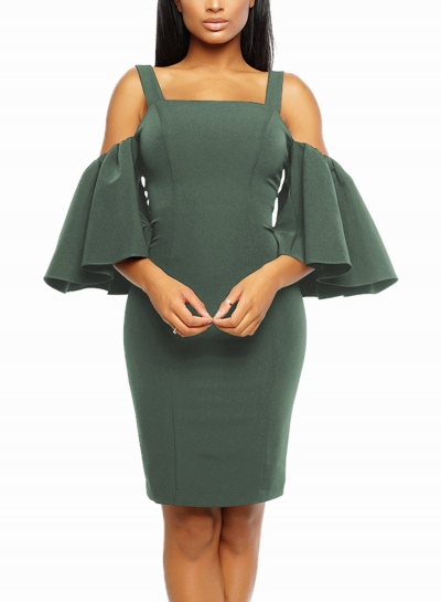 Army green Sexy Off Shoulder Flounce Sleeve Bodycon Dress With Zip YOUYOUFASHIONEC.com