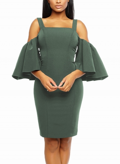 Army green Sexy Off Shoulder Flounce Sleeve Bodycon Dress With Zip