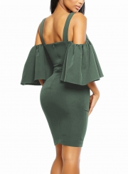 Army green Sexy Off Shoulder Flounce Sleeve Bodycon Dress With Zip