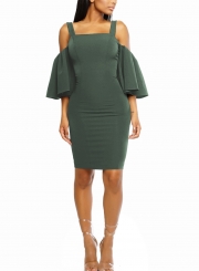 Army green Sexy Off Shoulder Flounce Sleeve Bodycon Dress With Zip