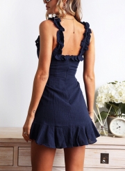Navy Summer Sleeveless Backless V Neck Front Knot Slim Mini Dress
