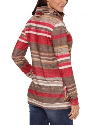 Red Women's Striped Long Sleeve High Neck Loose Pockets Knitwear