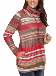 Red Women's Striped Long Sleeve High Neck Loose Pockets Knitwear