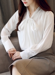 White V Neck Long Sleeve Bow Tie Loose Chiffon Blouse