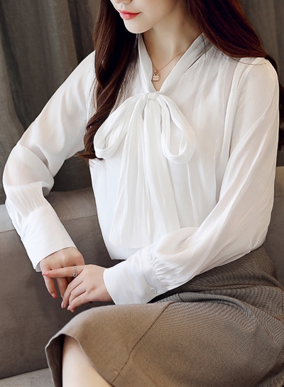 White V Neck Long Sleeve Bow Tie Loose Chiffon Blouse YOUYOUFASHIONEC.com