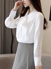 White V Neck Long Sleeve Bow Tie Loose Chiffon Blouse