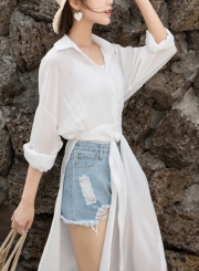 White Long Sleeve High Waist Button Down Shirt