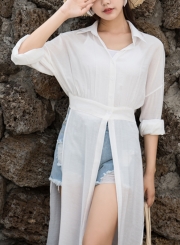 White Long Sleeve High Waist Button Down Shirt