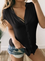 Black Short Sleeve Loose Button Down Blouse