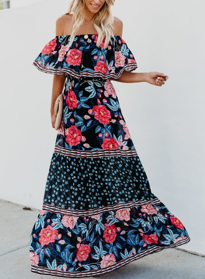 Black Sexy Boho Floral Print Off Shoulder Swing Ruffle Maxi Dress LEXELFASHIONINTSHOPS.com