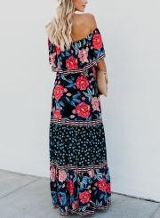 Black Sexy Boho Floral Print Off Shoulder Swing Ruffle Maxi Dress