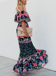 Black Sexy Boho Floral Print Off Shoulder Swing Ruffle Maxi Dress