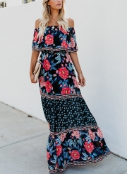 Black Sexy Boho Floral Print Off Shoulder Swing Ruffle Maxi Dress