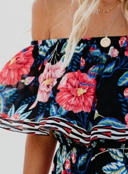 Black Sexy Boho Floral Print Off Shoulder Swing Ruffle Maxi Dress