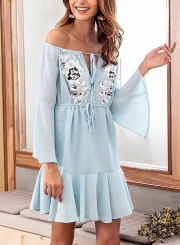 Light blue Applique Off Shoulder Flare Sleeve Drawstring Ruffle Mini Dress