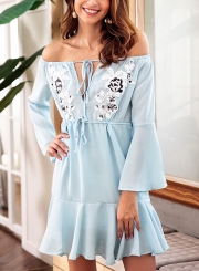 Light blue Applique Off Shoulder Flare Sleeve Drawstring Ruffle Mini Dress