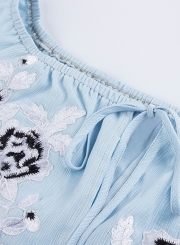 Light blue Applique Off Shoulder Flare Sleeve Drawstring Ruffle Mini Dress
