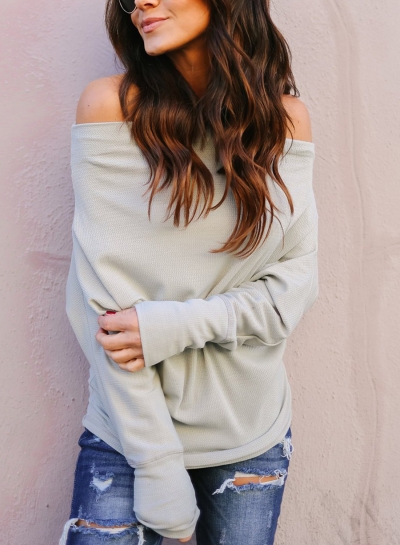 Grey Off Shoulder Long Sleeve Solid Color Oversized Tee YOUYOUFASHIONEC.com