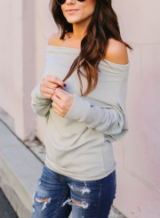 Grey Off Shoulder Long Sleeve Solid Color Oversized Tee