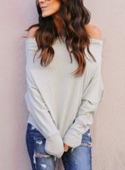 Grey Off Shoulder Long Sleeve Solid Color Oversized Tee