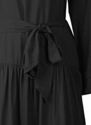 Black Casual V Neck Long Sleeve Bow Tie Slit Loose Dress
