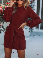 Burgundy Round Neck Lantern Sleeve Bow Tie Solid Color Mini Dress