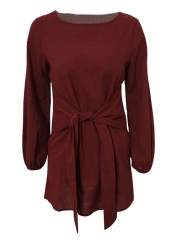 Burgundy Round Neck Lantern Sleeve Bow Tie Solid Color Mini Dress