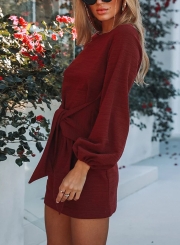 Burgundy Round Neck Lantern Sleeve Bow Tie Solid Color Mini Dress