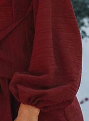 Burgundy Round Neck Lantern Sleeve Bow Tie Solid Color Mini Dress