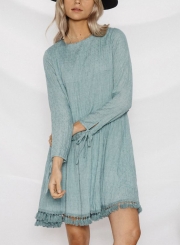 Green Round Neck Long Sleeve Back Buttons Loose Mini Dress With Tassel