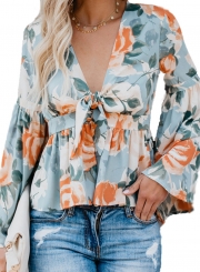 Blue Casual Floral Print V Neck Flare Sleeve Bow Tie Loose Blouse