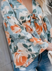 Blue Casual Floral Print V Neck Flare Sleeve Bow Tie Loose Blouse