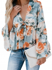 Blue Casual Floral Print V Neck Flare Sleeve Bow Tie Loose Blouse