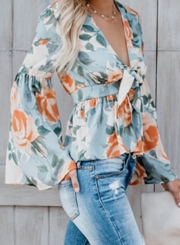 Blue Casual Floral Print V Neck Flare Sleeve Bow Tie Loose Blouse