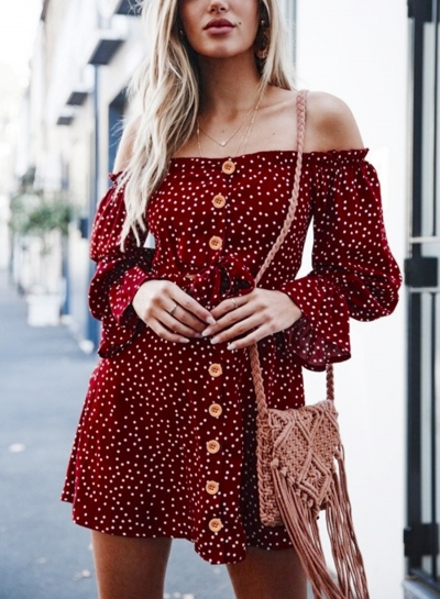 Red Off Shoulder Long Sleeve Polka Dot Bow Button Down Mini Dress STYLESIMO.com