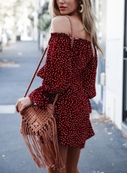 Red Off Shoulder Long Sleeve Polka Dot Bow Button Down Mini Dress