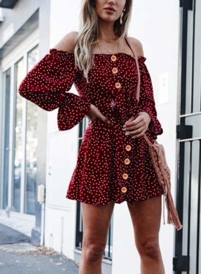 red polka dot off the shoulder dress