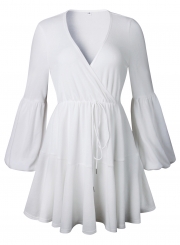 White V Neck Lantern Sleeve Waist Drawstring Ruffle Mini Dress