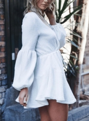 White V Neck Lantern Sleeve Waist Drawstring Ruffle Mini Dress