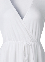 White V Neck Lantern Sleeve Waist Drawstring Ruffle Mini Dress