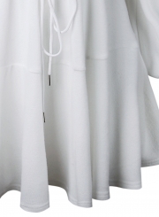 White V Neck Lantern Sleeve Waist Drawstring Ruffle Mini Dress