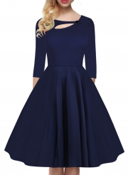 Navy Casual Vintage Round Neck 3/4 Sleeve  A-line Swing Dress