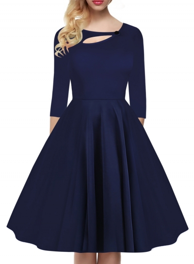 Navy Casual Vintage Round Neck 3/4 Sleeve  A-line Swing Dress