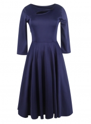 Navy Casual Vintage Round Neck 3/4 Sleeve  A-line Swing Dress
