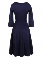 Navy Casual Vintage Round Neck 3/4 Sleeve  A-line Swing Dress