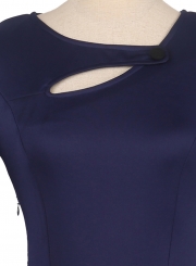 Navy Casual Vintage Round Neck 3/4 Sleeve  A-line Swing Dress