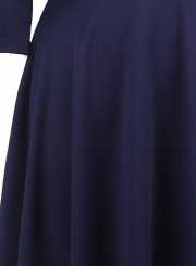 Navy Casual Vintage Round Neck 3/4 Sleeve  A-line Swing Dress