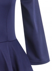 Navy Casual Vintage Round Neck 3/4 Sleeve  A-line Swing Dress