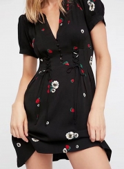 Black High Waist Lace up Floral Print Dress